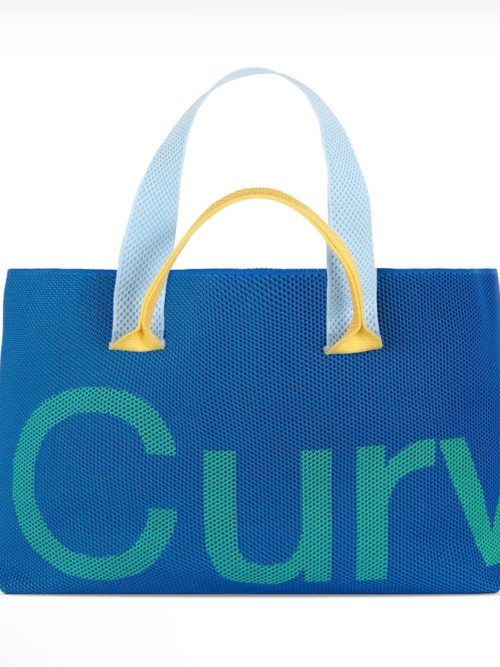 Curves by Sean Brown Blue Canvas Tote Bag with Yellow Strap